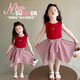 G.DUCKKIDS2025新款夏季女童紅格子蝴蝶結T恤半裙套裝時(shí)尚百搭兩件套 紅格子 90 cm