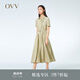 OVV2023春夏新款女裝抽褶收腰襯衫式版型休閑A字傘裙短袖連衣裙 卡其綠（凈色）07 XS