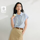 茵曼涼感亞麻法式系帶襯衫夏季女裝寬松蝙蝠袖襯衣上衣 淺藍色  M