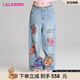 LALABOBO袁一琦同款純棉牛仔褲女高腰顯瘦小熊印花寬松闊腿褲潮RBDC-ZC19 中藍白 常規(guī) 27 建議125-140斤