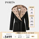 PORTS寶姿女裝2024秋季新款LOGO提花連帽羊毛大衣ALT9C008UZW022 黑色印花 M