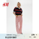 H&M女裝家居褲2025年夏季新款直筒寬松條紋雙腰頭府綢睡褲1270295 紅色/條紋 M