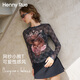 Henny Rue長(cháng)袖t恤女菱格小熊印花網(wǎng)紗手繪聯(lián)名上衣秋季薄款修身顯瘦打底衣 黑色格紋 M （建議80-100斤）