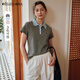 Olrain歐芮兒撞色波浪邊polo領(lǐng)設(shè)計感T恤女夏季2025新款短袖上衣 灰色 L