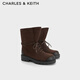 CHARLES&KEITH圓頭厚底馬丁靴復古機車(chē)短靴生日禮物送女友CK1-90380171 Dark Brown Textured深棕色 40 （255）