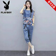 花花公子（PLAYBOY）2025夏季新款大碼女裝時尚減齡洋氣休閑運動套裝短袖七分褲兩件套 藍(lán)色上衣+褲子套裝 2XL [建議130-145斤]
