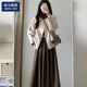 棉致2025春裝搭配一整套女鹽系小香風(fēng)韓劇穿搭衣服兩件套裝女連衣裙子 杏色外套+咖色半身裙【套裝】 M 建議95-110斤