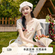 紫涵（ZIHAN）紫涵短款針織T恤女夏季新款蛋糕刺繡小個(gè)子修身U型領(lǐng)短袖上衣 米金 S