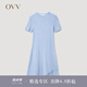 OVV2023春夏新款女裝彈力修身A型傘裝不對(duì)稱短袖U領(lǐng)針織裙 藍(lán)灰鑲拼09 M