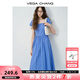VEGA CHANG法式連衣裙女2025新款夏季方領(lǐng)泡泡袖高腰抽褶顯瘦藍(lán)色長(zhǎng)裙子 寶石藍(lán) L