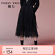 糖力【商場同款】黑色高腰顯瘦中長款仙氣木耳邊百褶網(wǎng)紗半身裙女 黑色 S