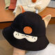 QUEEN TRIP日系可愛(ài)卡通小狐貍蘑菇漁夫帽子女春夏戶(hù)外遮陽(yáng)防曬帽顯臉小盆帽 黑色小狐貍