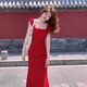 西兒法式氣質(zhì)甜美木耳邊方領(lǐng)波點(diǎn)連衣裙女夏季2025新款海邊度假長(zhǎng)裙 紅色波點(diǎn) L