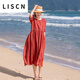 LISCN連衣裙女文藝繡花中袖旅游沙漠拍照夏季海邊度假仙女沙灘裙子新款 紅色 M [建議90-115斤]