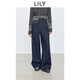 LILY2025秋新款純棉復古撞色拼接休閑通勤原色牛仔褲直筒闊腿褲女 428靛藍 M