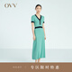 OVV2023春夏新款女裝復古撞色修身短袖A字傘裙針織連衣裙 湖藍鑲拼02 M