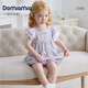 DOMIAMIA兒童家居服寶寶春夏季睡衣女童男童短袖針織肩開(kāi)分體套裝背心套裝 伊莎花嶼 （雙層小花邊荷葉袖） 100