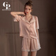 GP Memory春秋新款冰絲睡衣女輕奢法式蕾絲長(cháng)袖甜美家居服生日送閨蜜禮盒裝 粉色【短袖+短褲】 L 【建議100-120斤】