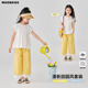 moonkids女童夏季短袖套裝2025新款兒童度假風(fēng)穿搭衣服女孩格子褲夏裝薄款 19041小飛袖+15295黃色闊腿褲 110 cm