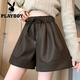 花花公子（PLAYBOY）黑色PU皮短褲女2025新款秋冬季小個(gè)子外穿闊腿高腰顯瘦寬松休閑褲 咖啡色 M 建議95-110斤