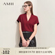 AMII2025夏季新款氣質(zhì)V領(lǐng)連肩短袖純色直筒60支彈力羅馬布上衣 波爾多紅 L