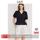 LILY2025夏新款女裝法式浪漫V領(lǐng)收腰休閑百搭通勤泡泡袖短袖襯衫 411藏青 XL