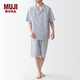 無印良品（MUJI）男式 無側(cè)縫泡泡紗短袖睡衣男士家居服套裝男款夏季純棉全棉 深藏青色條紋 M