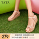 他她（TATA）絕美坡跟涼鞋女度假一字帶厚底時裝涼鞋夏季新款7MY14BL4 金色 37