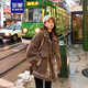 羅蒙（ROMON）仿羊羔毛外套女2025新款秋冬韓版加厚毛呢大衣寬松短款女裝棉服 咖啡色 L (110-135)