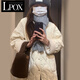LPOX羽絨棉服女款2025年最新款秋冬棉衣外套女夾棉休閑百搭外套女 米白色 M 推薦100-114斤