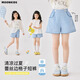 moonkids女童格子褲夏天藍色短褲兒童2025新款夏裝韓版褲子女寶寶蕾絲甜美 18531藍色格子短褲 170 cm