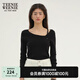 Teenie Weenie小熊女裝簡(jiǎn)約不對(duì)稱領(lǐng)套頭毛衣坑條設(shè)計(jì)感小眾針織衫 黑色 L 170