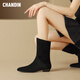 淺町法式復古磨砂牛皮中筒靴西部靴女秋冬新款短靴女套筒單靴時(shí)裝 黑色 34