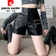 皮爾卡丹PU皮短褲女2025新款春秋韓版修身顯瘦拉鏈緊身包臀女褲直筒靴褲潮 黑色【2028】薄絨皮短褲 M 95-105