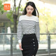 HLA海瀾之家長(cháng)袖針織衫女裝春秋圓領(lǐng)純羊毛條紋毛衣女