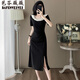 芭芬薇薇時(shí)尚赫本風(fēng)黑色連衣裙女夏季顯瘦時(shí)尚洋氣減齡小個(gè)子短袖開(kāi)叉裙子 黑色 S