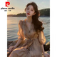 皮爾卡丹（pierre cardin）連衣裙女裝法式沙灘飄逸夏季氣質(zhì)名媛設(shè)計感小眾雪紡襯衫中長裙子 卡其色高品質(zhì) M
