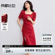 尚都比拉法式連衣裙女夏季方領(lǐng)堆堆袖復(fù)古波點(diǎn)抽褶開(kāi)叉A字裙 紅底波點(diǎn) XL