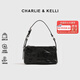 CHARLIE&KELLI CK品牌包包女包褶皺蠟皮單肩腋下小方包女士2025新款手提斜挎包 黑色【京倉配送 品牌禮袋】
