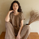 族瑪士純棉紗布短袖睡衣女2025新款夏季刺繡法式復古大碼全棉家居服套裝 S85236#短袖長(cháng)褲-燕麥拿鐵 XL 【140-175斤穿】尺碼偏大