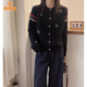 派吉鯊秋冬季新款刺繡圖案單排扣軟糯針織開(kāi)衫女寬松秋冬新款短款上衣 黑色 S 【80-90斤】
