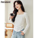 品彩（PinCai）長(cháng)袖T恤女方領(lǐng)修身百搭打底衫不規則設計感顯瘦上衣 P138T2507