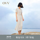 OVV2023春夏新款女裝復(fù)古優(yōu)雅翻領(lǐng)短袖休閑彈力針織連衣裙 米杏條紋14 M