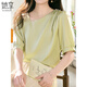 她享雪紡衫女斜領(lǐng)設計感短袖襯衫女士上衣洋氣緞面襯衣小衫女 T52X018 淺綠色 L