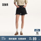 森馬牛仔褲女黑色毛邊綁帶夏高腰短褲109324122006