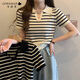 哥瑞美（GOREMAN）女裝夏季2025新款條紋冰絲針織衫正肩短袖T恤顯瘦Polo領(lǐng)短款上衣 杏色條紋 L 【建議100-120斤】