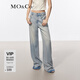 MO&Co.【天絲牛仔褲】夏拆洗褲腳長直筒拖地闊腿褲做舊貓須摩安珂 牛仔淺藍(lán)色 L 28