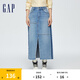 Gap女裝春季前開衩修身牛仔半裙純棉拼接長裙874444 淺藍色 M (27)亞洲尺碼