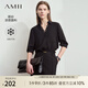 AMII2025夏新款通勤翻領V領拼蕾絲涼感雪紡衫女五分袖寬松12522076 黑色 L