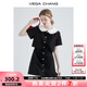 VEGA CHANG假兩件黑色裙子女夏娃娃領法式收腰顯瘦氣質(zhì)連衣裙 黑色 L